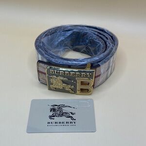 Burberry Blue Plaid Belt with Gold Logo Buckle